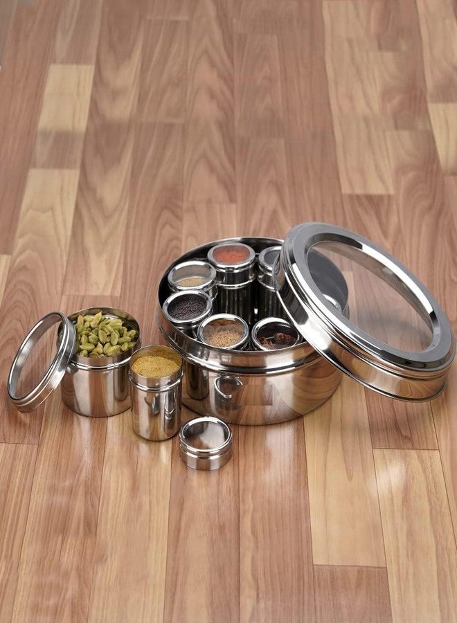 Eddika Stainless Steel Masala box for Kitchen | Spice Box | Masala Dabba with See Through Lid with 9 Containers and three Spoon | Silver (Large) | (Spice box 2.5 Ltr) - Image 5